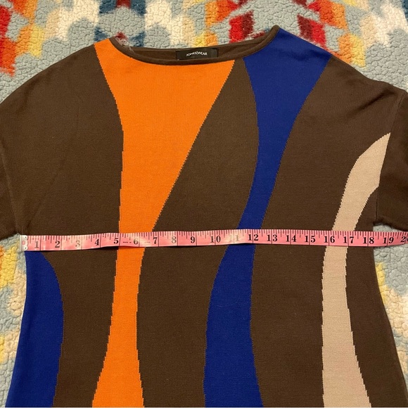 Geometric Boat Neck Knit Sweater 3/4 Sleeve Brown/ Orange/Blue Women’s Sz Small - Picture 5 of 8